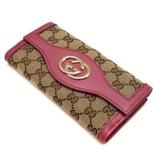 Gucci double hook wallet beige pink canvas leather